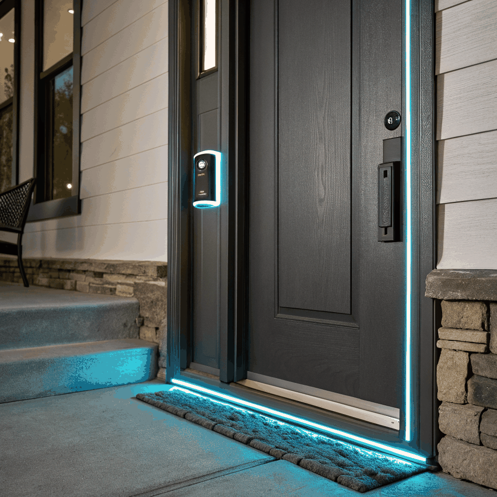 Video doorbell camera installed cleanly beside front door entrance