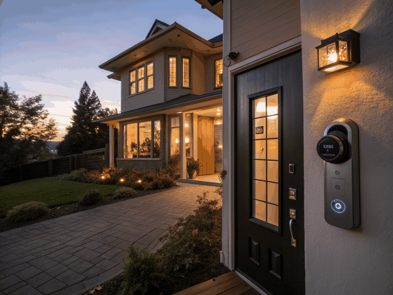 Exterior residential property at dusk with discrete security camera installed on corner fascia