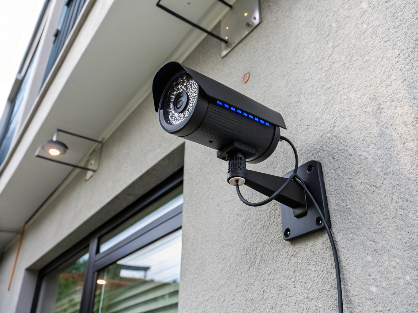 Detail of compact security camera mounted flush against dark porch wooden beam