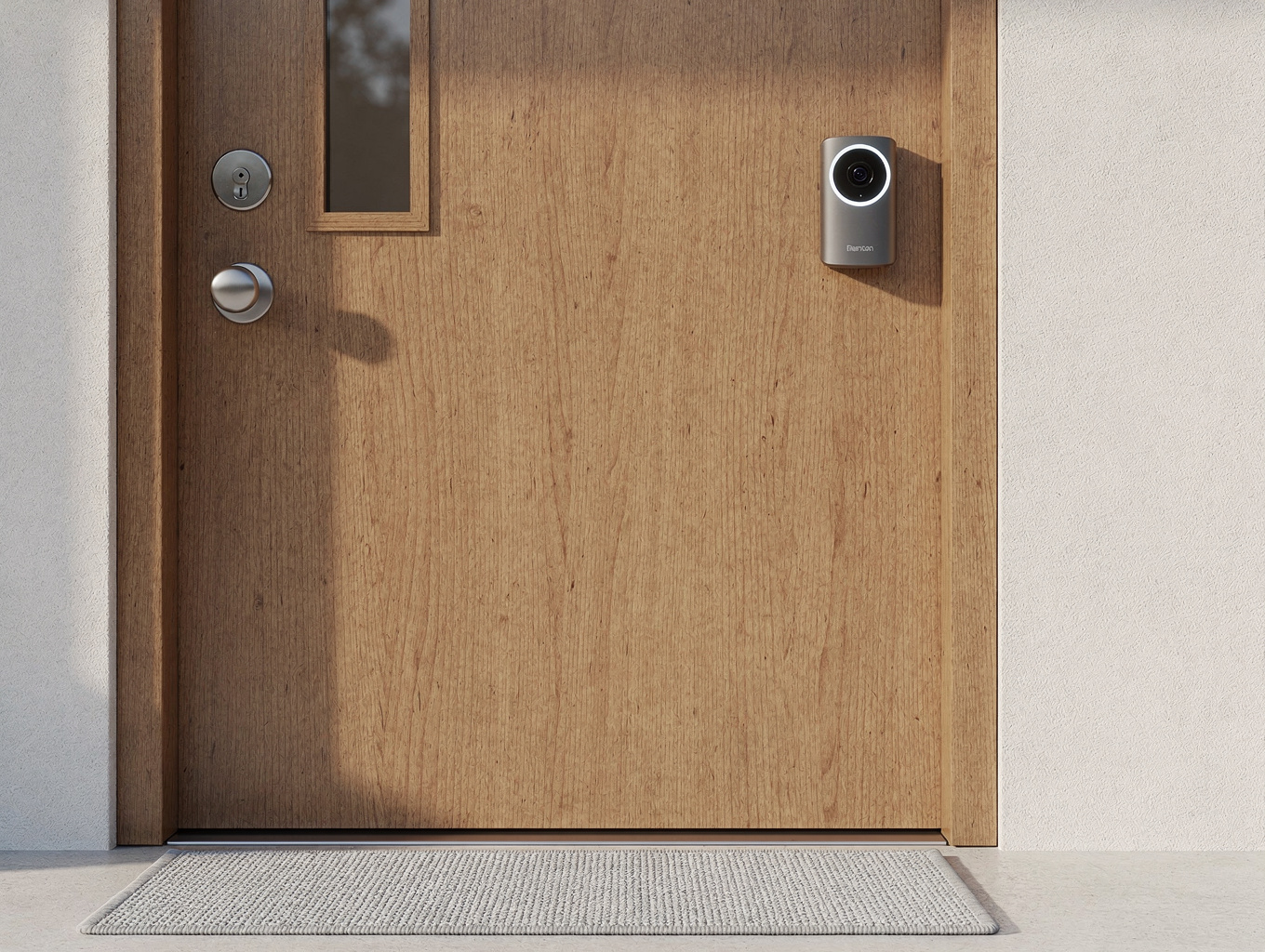 Wide-angle video doorbell hardware mounted to entrance doorframe